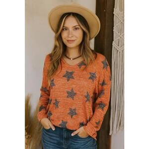 New Direction Preloved Star Print Knit Blouse S Rust Orange V-Neck Long Sleeve
